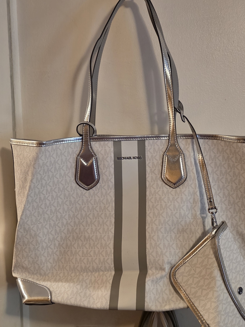 Michael Kors Cream and Gold Stripe Tote with Matching Wristlet